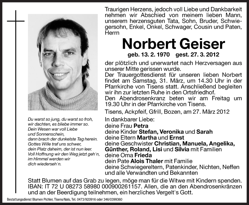  Traueranzeige für Norbert Geiser vom 30.03.2012 aus Dolomiten