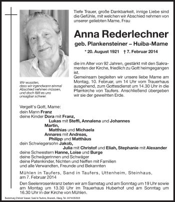 Traueranzeige von Anna Rederlechner von Dolomiten