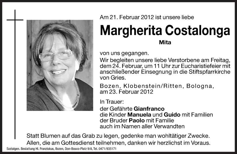  Traueranzeige für Margherita Costalonga vom 23.02.2012 aus Dolomiten