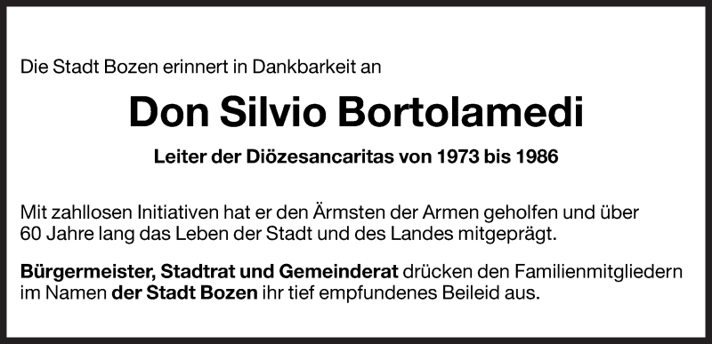  Traueranzeige für Don Silvio Bortolamedi vom 26.04.2012 aus Dolomiten