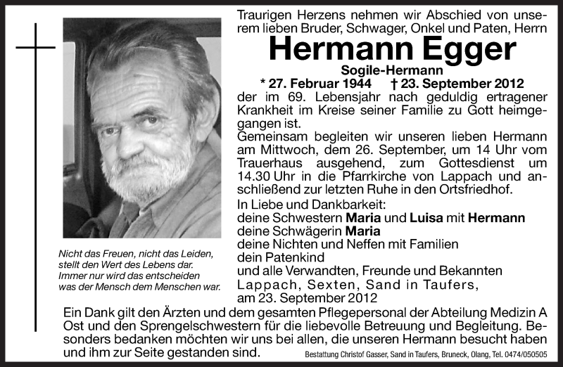  Traueranzeige für Hermann Egger vom 25.09.2012 aus Dolomiten