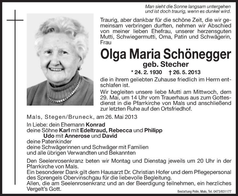  Traueranzeige für Olga Maria Schönegger vom 27.05.2013 aus Dolomiten