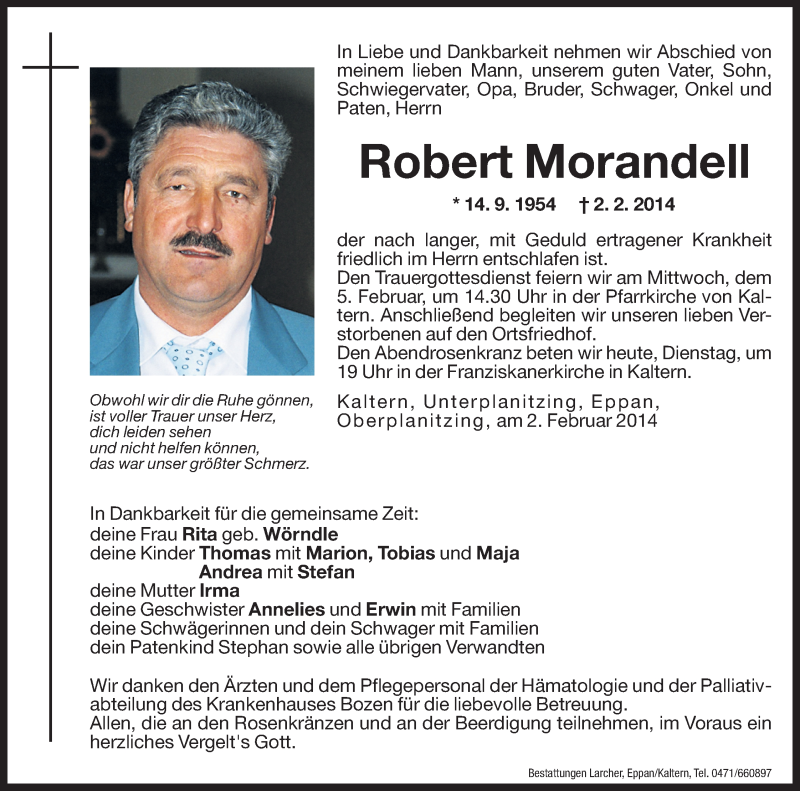  Traueranzeige für Robert Morandell vom 04.02.2014 aus Dolomiten