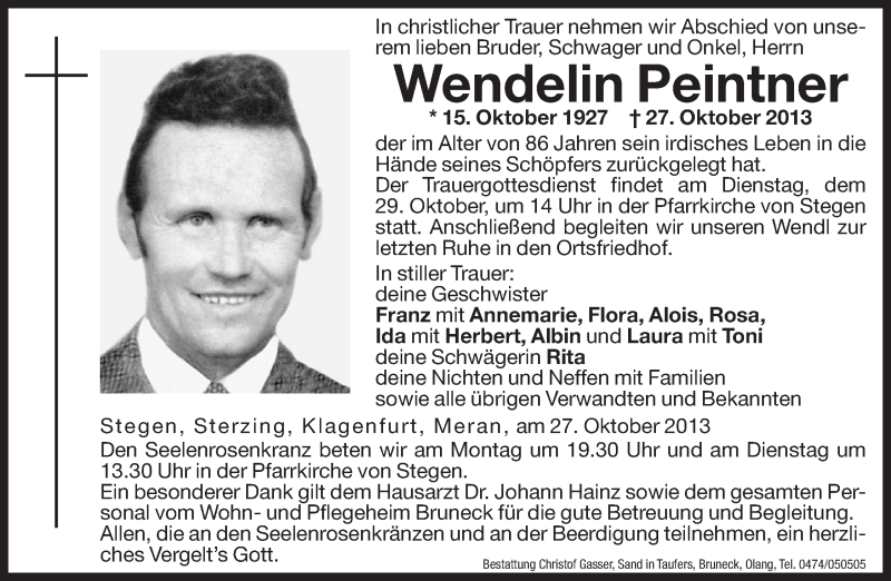  Traueranzeige für Wendelin Peintner vom 28.10.2013 aus Dolomiten