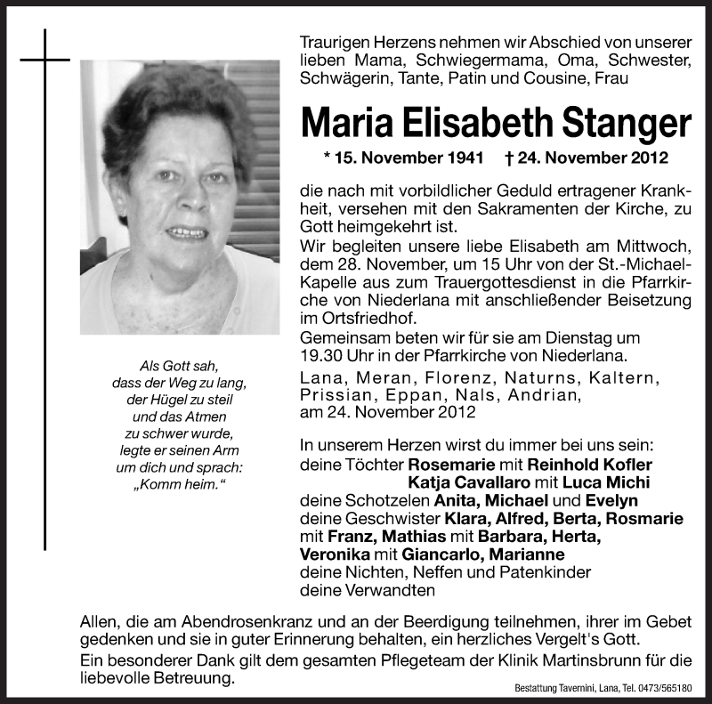  Traueranzeige für Maria Elisabeth Stanger vom 26.11.2012 aus Dolomiten