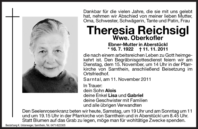  Traueranzeige für Theresia Reichsigl vom 12.11.2011 aus Dolomiten