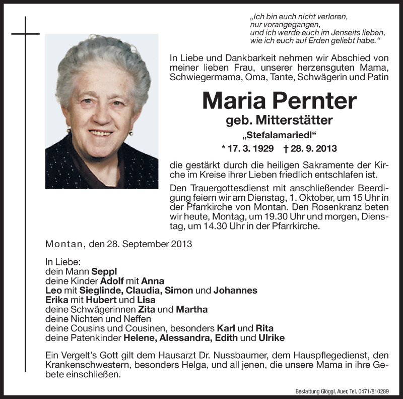  Traueranzeige für Maria Pernter vom 30.09.2013 aus Dolomiten