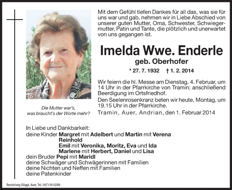  Traueranzeige für Imelda Enderle vom 03.02.2014 aus Dolomiten