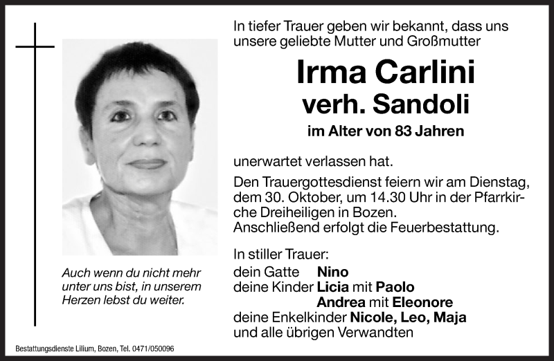  Traueranzeige für Irma Sandoli vom 29.10.2012 aus Dolomiten