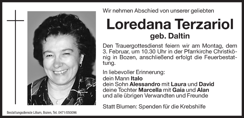  Traueranzeige für Loredana Terzariol vom 01.02.2014 aus Dolomiten