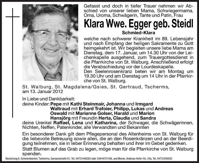  Traueranzeige für Klara Egger vom 16.01.2012 aus Dolomiten