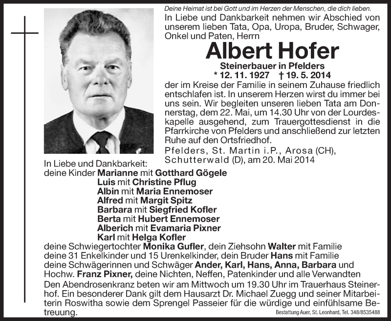  Traueranzeige für Albert Hofer vom 21.05.2014 aus Dolomiten