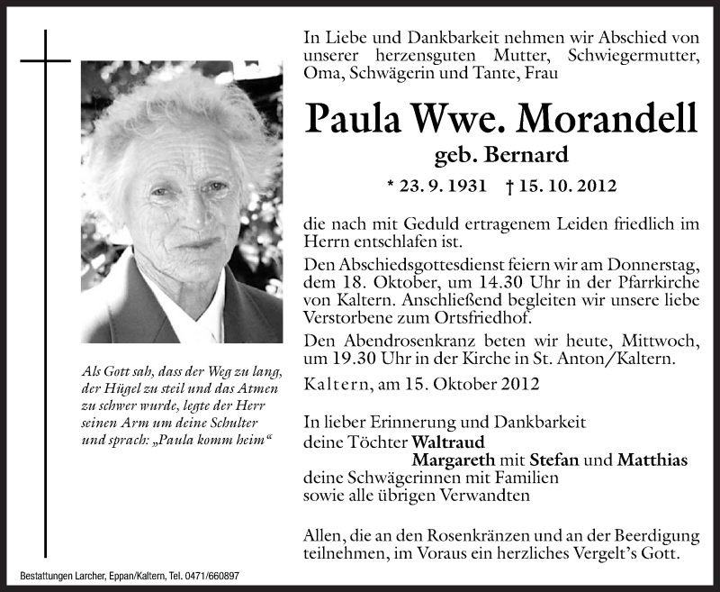  Traueranzeige für Paula Morandell vom 17.10.2012 aus Dolomiten