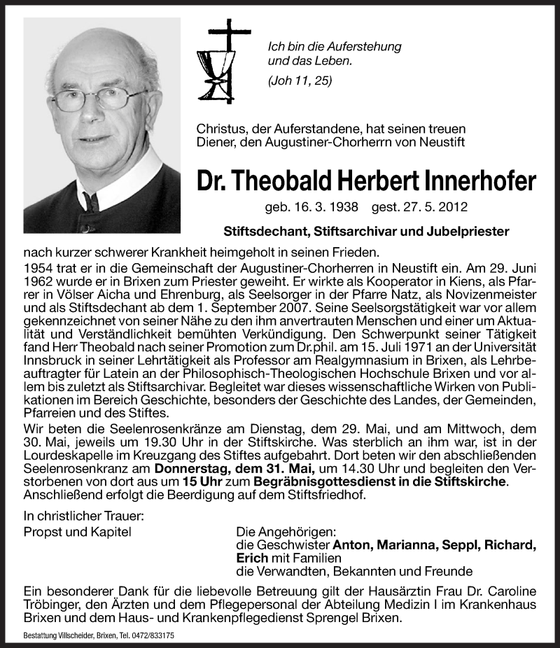  Traueranzeige für Theobald Herbert Innerhofer vom 29.05.2012 aus Dolomiten