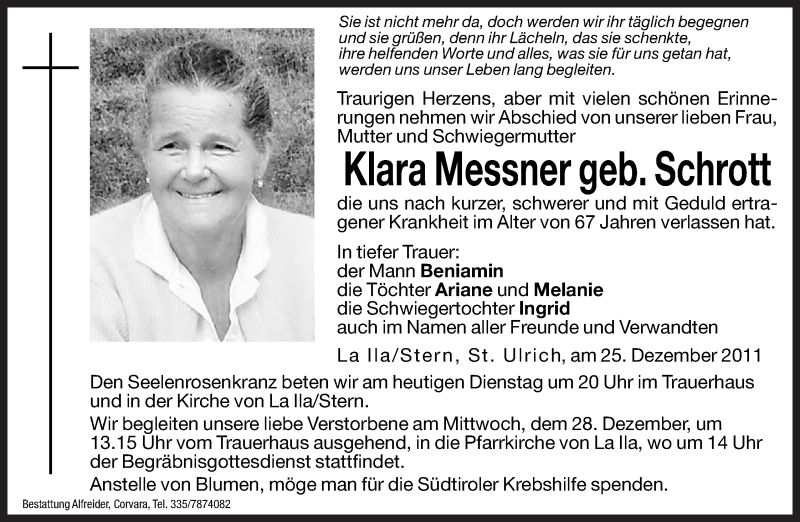  Traueranzeige für Klara Messner vom 27.12.2011 aus Dolomiten