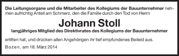 Traueranzeige von Johann Stoll von Dolomiten