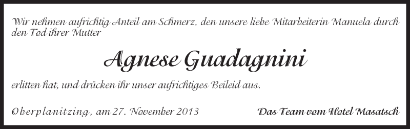  Traueranzeige für Agnese Guadagnini vom 29.11.2013 aus Dolomiten