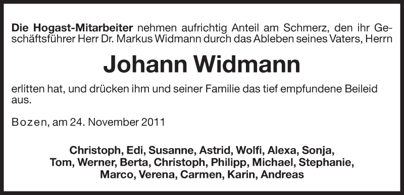  Traueranzeige für Johann Widmann vom 25.11.2011 aus Dolomiten