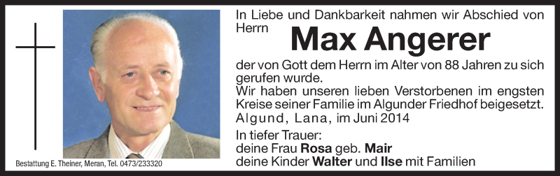  Traueranzeige für Max Angerer vom 18.07.2014 aus Dolomiten