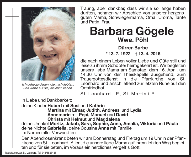  Traueranzeige für Barbara Pöhl vom 14.04.2016 aus Dolomiten