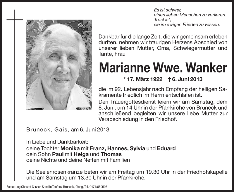  Traueranzeige für Marianne Wanker vom 07.06.2013 aus Dolomiten