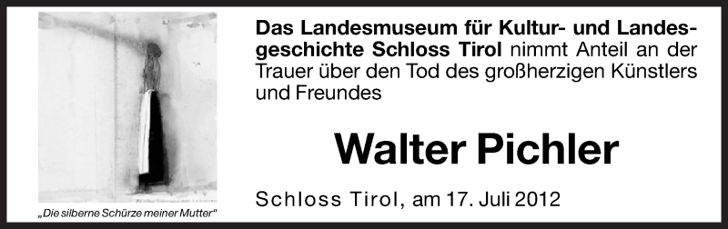  Traueranzeige für Walter Pichler vom 18.07.2012 aus Dolomiten