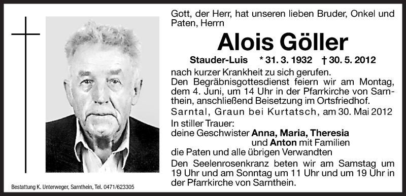  Traueranzeige für Alois Göller vom 01.06.2012 aus Dolomiten