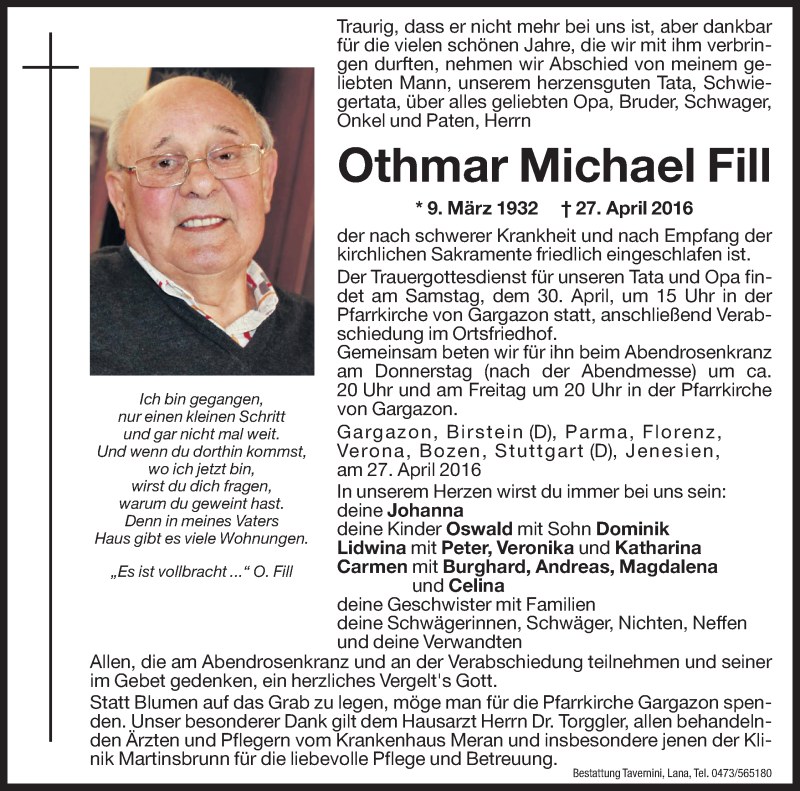  Traueranzeige für Othmar Michael Fill vom 28.04.2016 aus Dolomiten