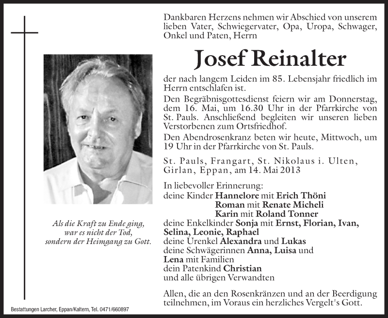  Traueranzeige für Josef Reinalter vom 15.05.2013 aus Dolomiten