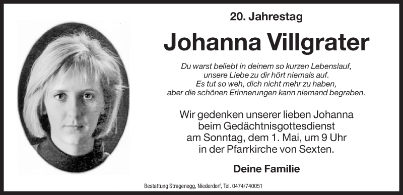  Traueranzeige für Johanna Villgrater vom 29.04.2016 aus Dolomiten