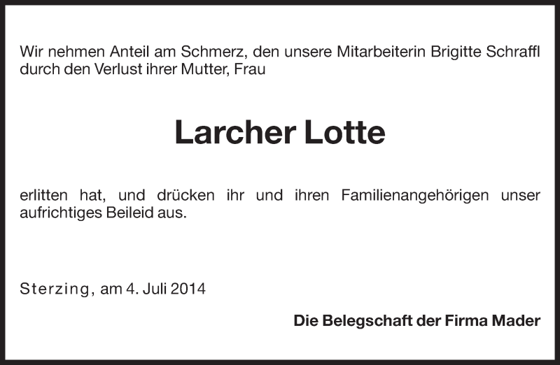  Traueranzeige für Larcher Lotte vom 05.07.2014 aus Dolomiten