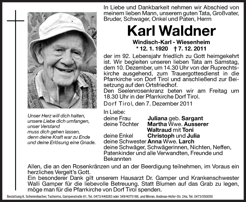  Traueranzeige für Karl Waldner vom 09.12.2011 aus Dolomiten