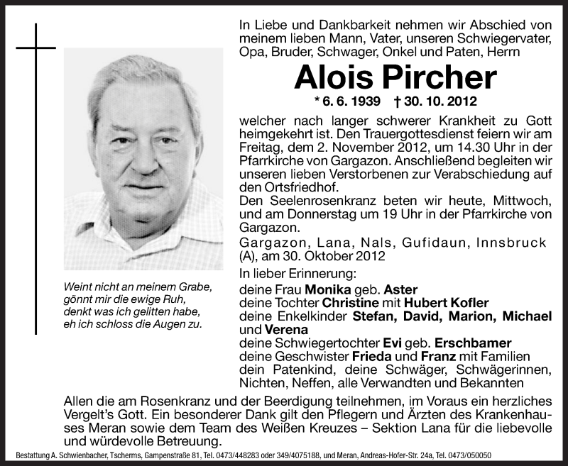  Traueranzeige für Alois Pircher vom 31.10.2012 aus Dolomiten