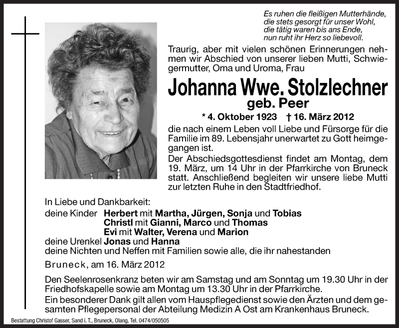  Traueranzeige für Johanna Stolzlechner vom 17.03.2012 aus Dolomiten