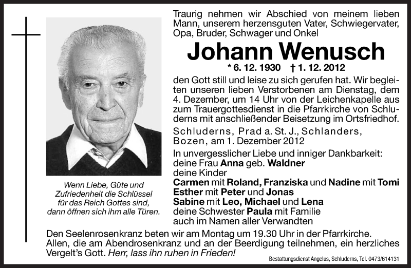  Traueranzeige für Johann Wenusch vom 03.12.2012 aus Dolomiten