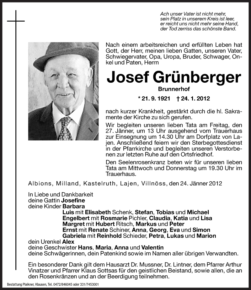  Traueranzeige für Josef Grünberger vom 25.01.2012 aus Dolomiten