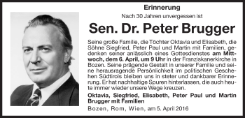 Traueranzeige von Peter Brugger von Dolomiten