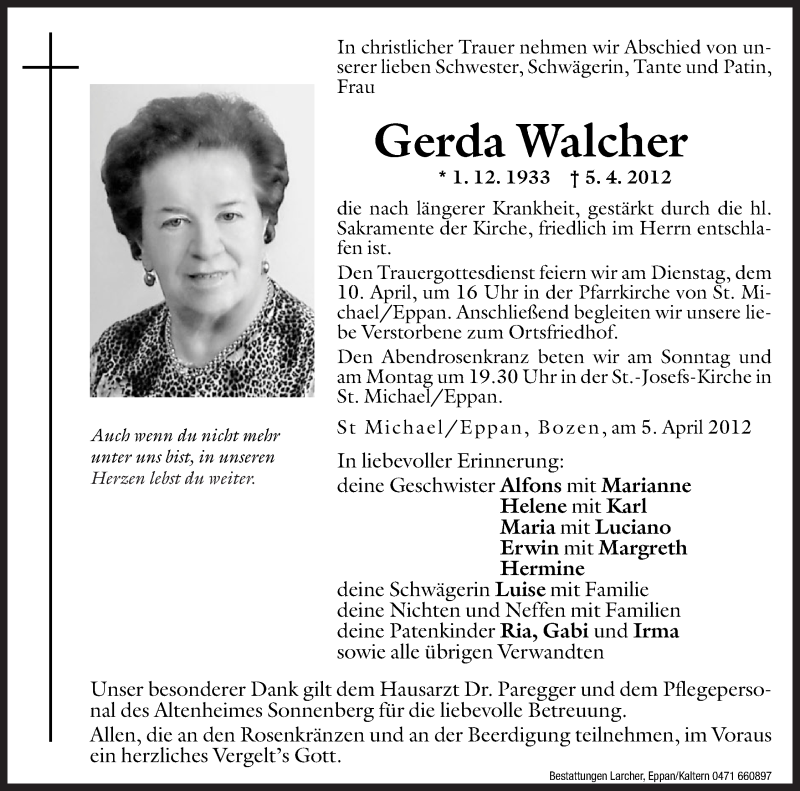  Traueranzeige für Gerda Walcher vom 07.04.2012 aus Dolomiten