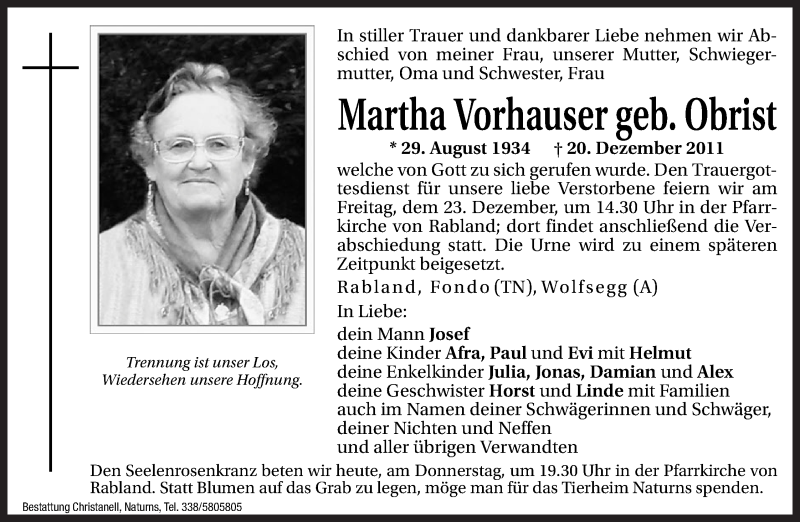  Traueranzeige für Martha Vorhauser vom 22.12.2011 aus Dolomiten