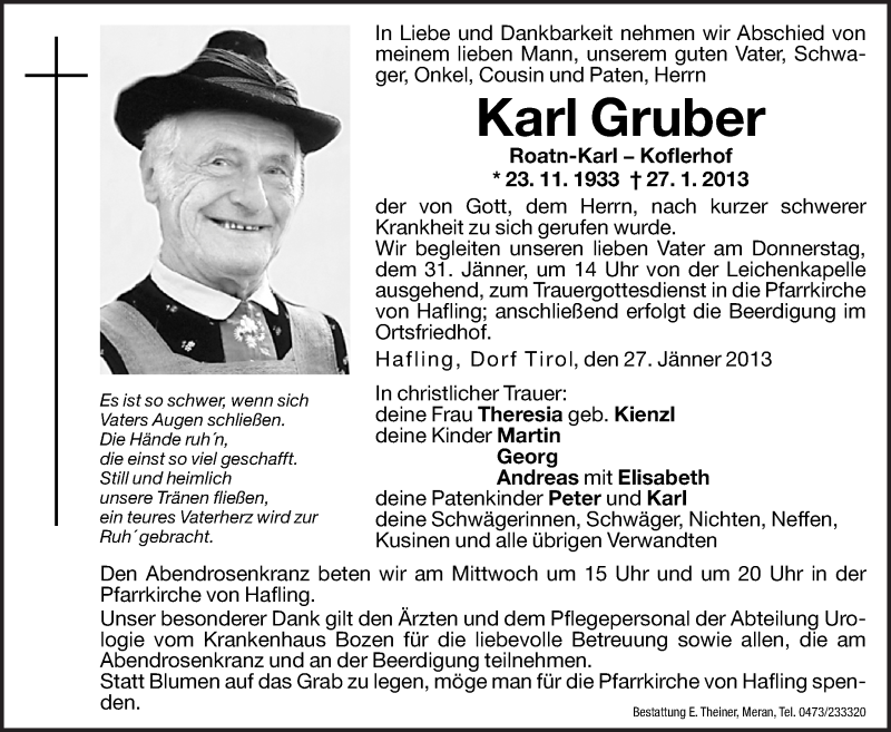  Traueranzeige für Karl Gruber vom 29.01.2013 aus Dolomiten