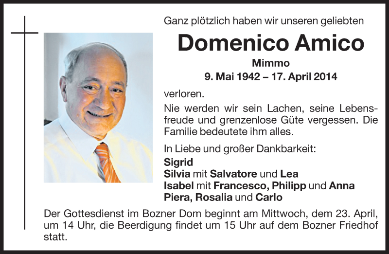  Traueranzeige für Domenico Amico vom 19.04.2014 aus Dolomiten