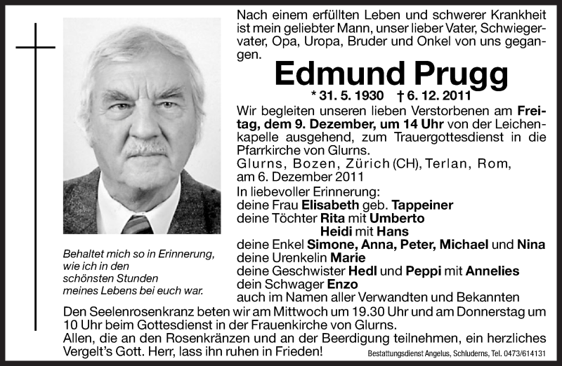  Traueranzeige für Edmund Prugg vom 07.12.2011 aus Dolomiten