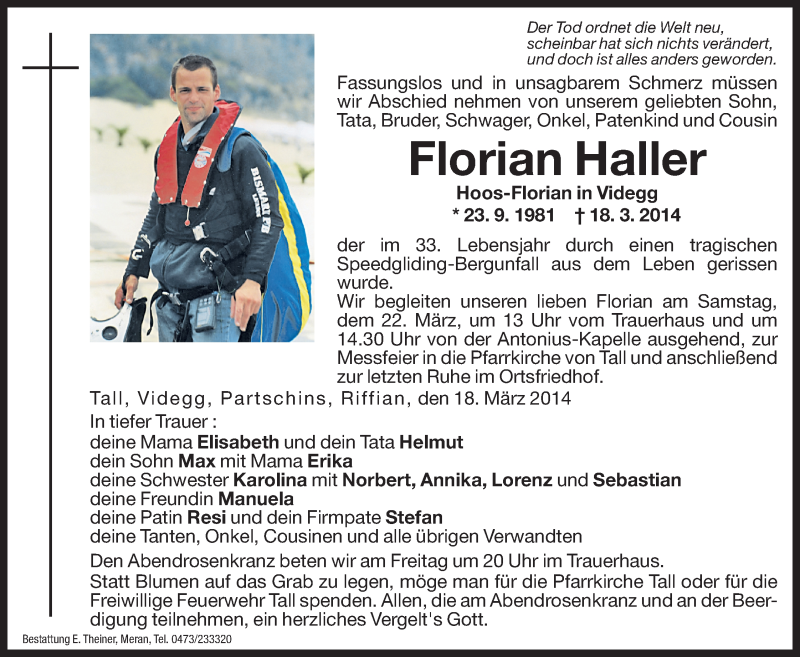  Traueranzeige für Florian Haller vom 21.03.2014 aus Dolomiten