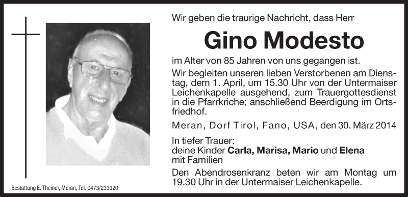  Traueranzeige für Gino Modesto vom 31.03.2014 aus Dolomiten