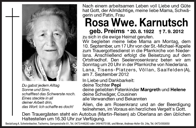  Traueranzeige für Rosa Karnutsch vom 08.09.2012 aus Dolomiten