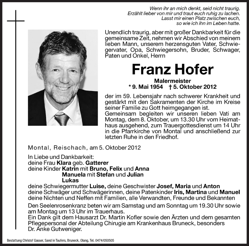  Traueranzeige für Franz Hofer vom 06.10.2012 aus Dolomiten