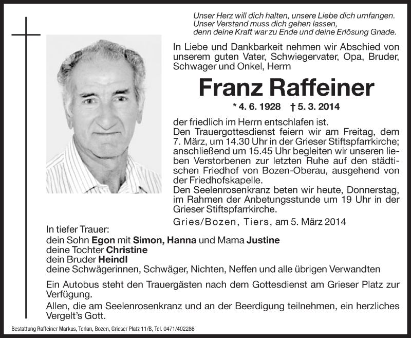  Traueranzeige für Franz Raffeiner vom 06.03.2014 aus Dolomiten