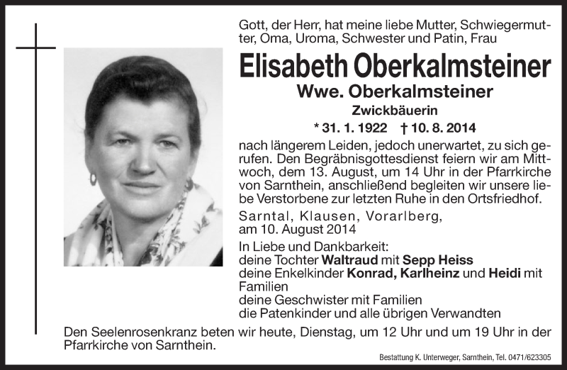  Traueranzeige für Elisabeth Oberkalmsteiner vom 12.08.2014 aus Dolomiten