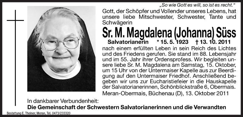  Traueranzeige für M. Magdalena Süss vom 14.10.2011 aus Dolomiten