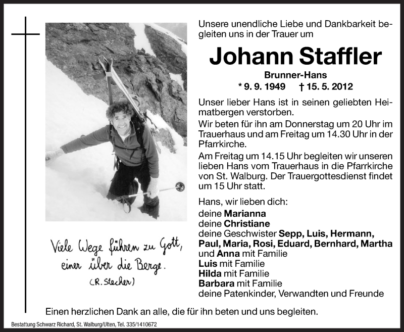  Traueranzeige für Johann Staffler vom 17.05.2012 aus Dolomiten